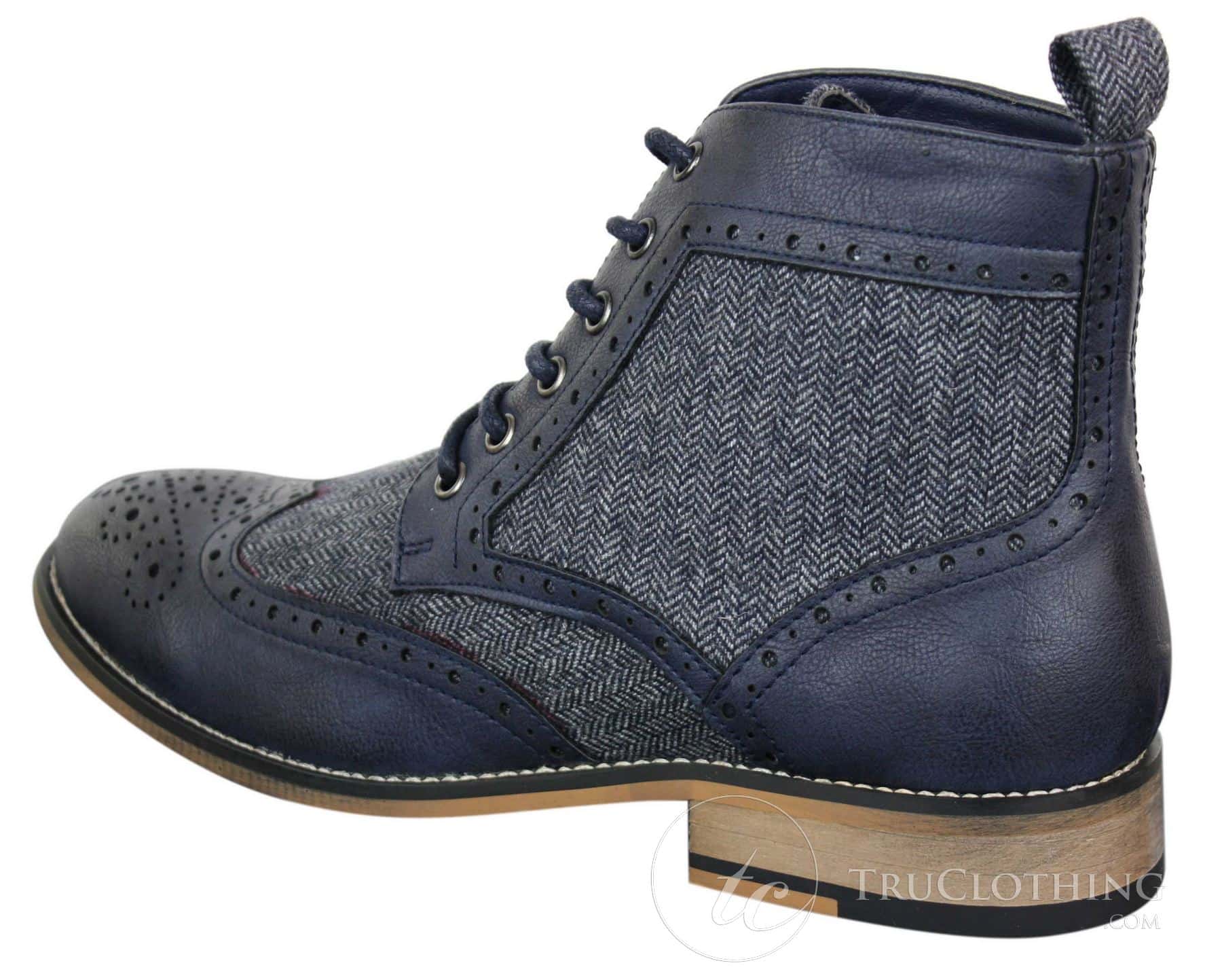 Cavani Sherlock - Botas de cano curto masculinas em couro e tweed com padrão espinha de peixe