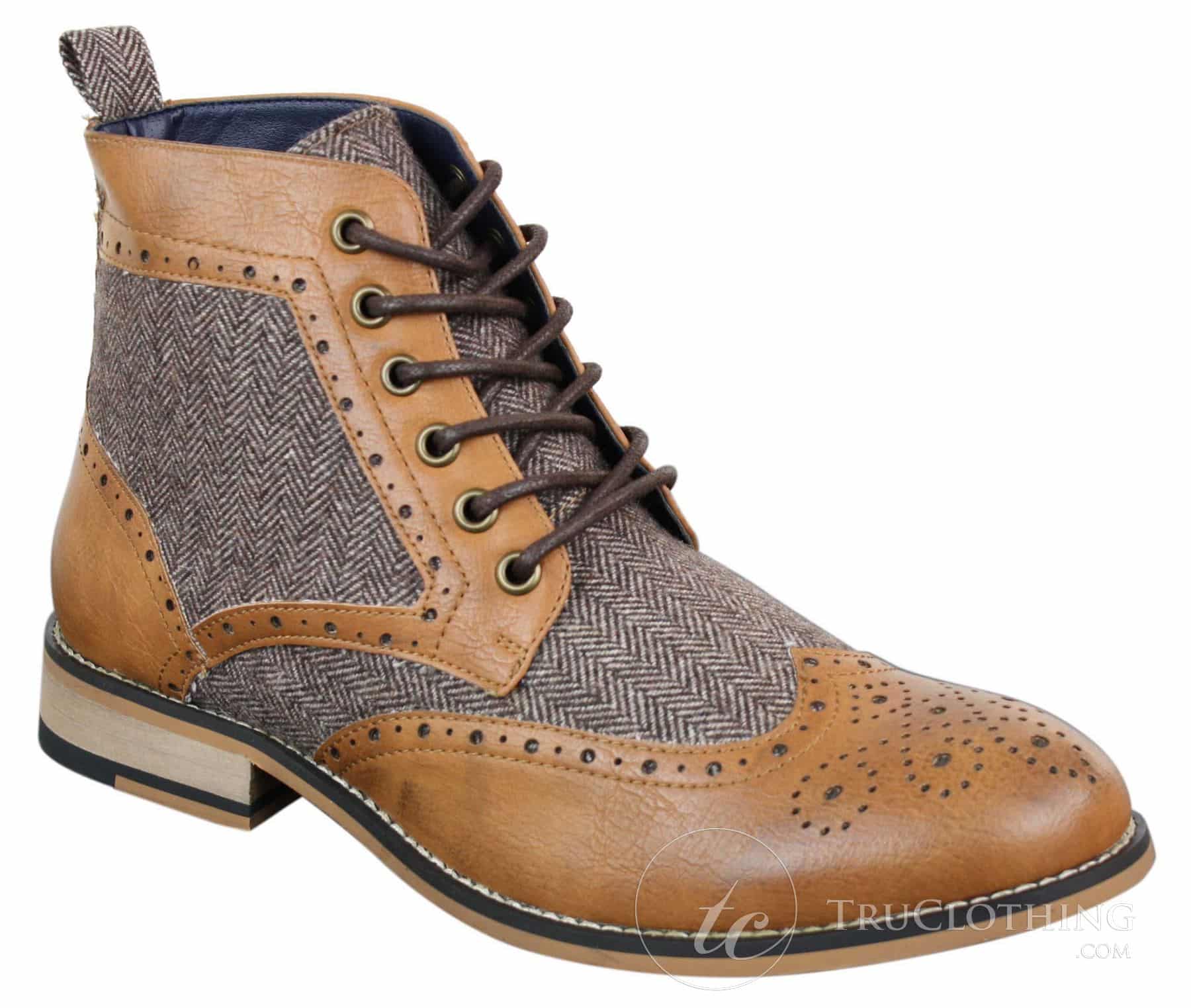 Cavani Sherlock - Botas de cano curto masculinas em couro e tweed com padrão espinha de peixe