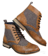 Cavani Sherlock - Botas de cano curto masculinas em couro e tweed com padrão espinha de peixe