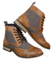 Cavani Sherlock - Botas de cano curto masculinas em couro e tweed com padrão espinha de peixe