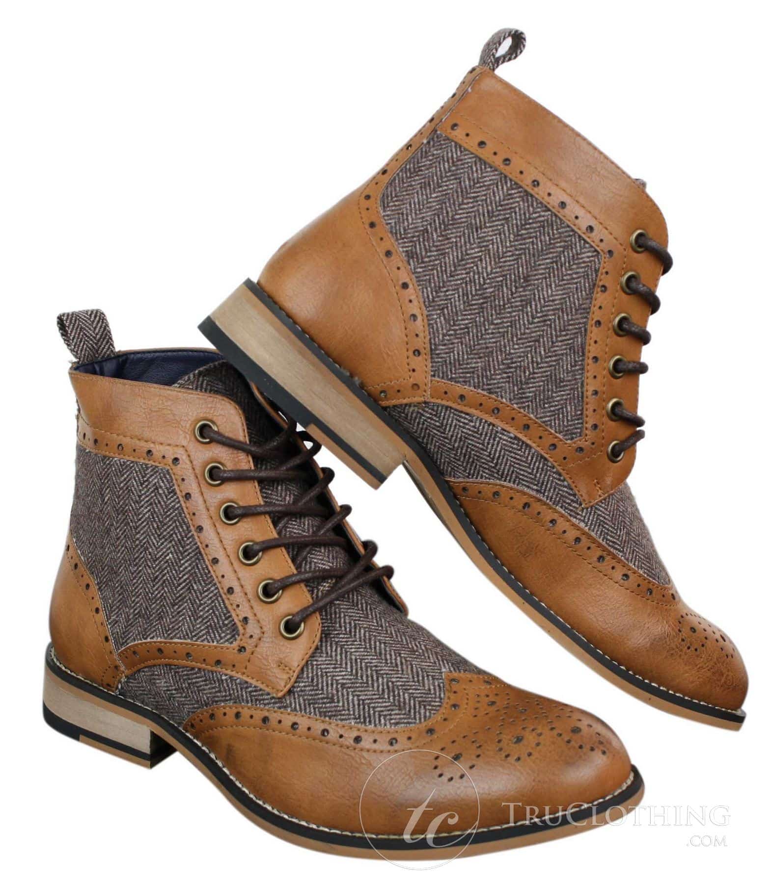Cavani Sherlock - Botas de cano curto masculinas em couro e tweed com padrão espinha de peixe