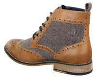 Cavani Sherlock - Botas de cano curto masculinas em couro e tweed com padrão espinha de peixe