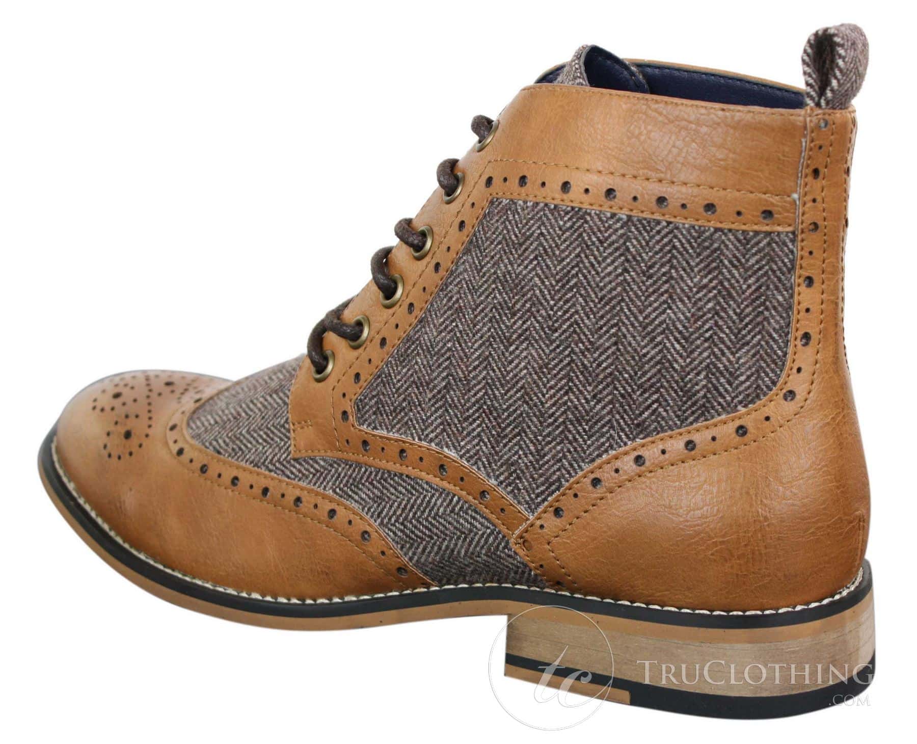 Cavani Sherlock - Botas de cano curto masculinas em couro e tweed com padrão espinha de peixe