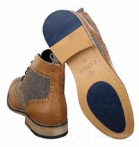 Cavani Sherlock - Botas de cano curto masculinas em couro e tweed com padrão espinha de peixe