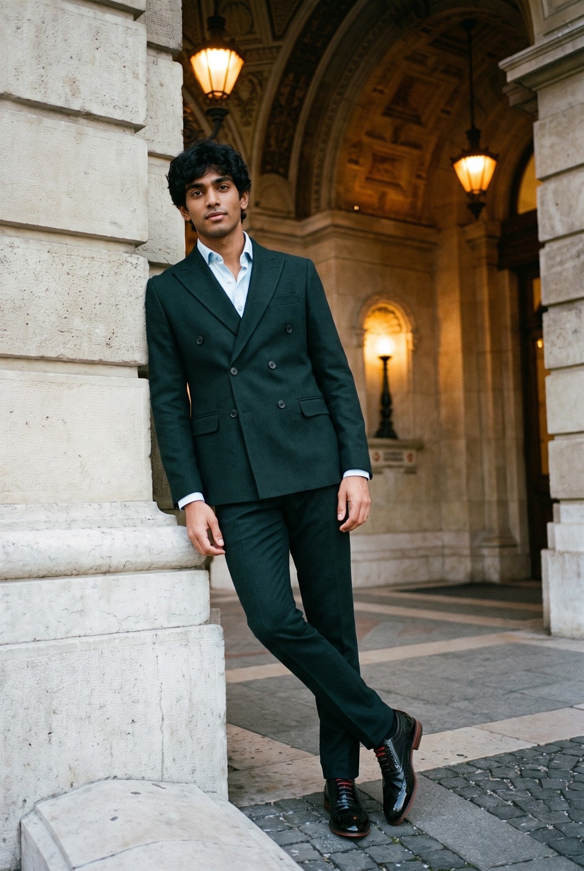 Look #588 styled with Regent - Terno masculino verde de duas peças com abotoamento duplo