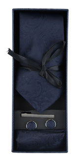 Conjunto de presente com gravata Paisley azul-marinho, lenço de bolso, abotoaduras e gravata floral em cetim.