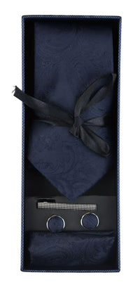 Conjunto de presente com gravata Paisley azul-marinho, lenço de bolso, abotoaduras e gravata floral em cetim.