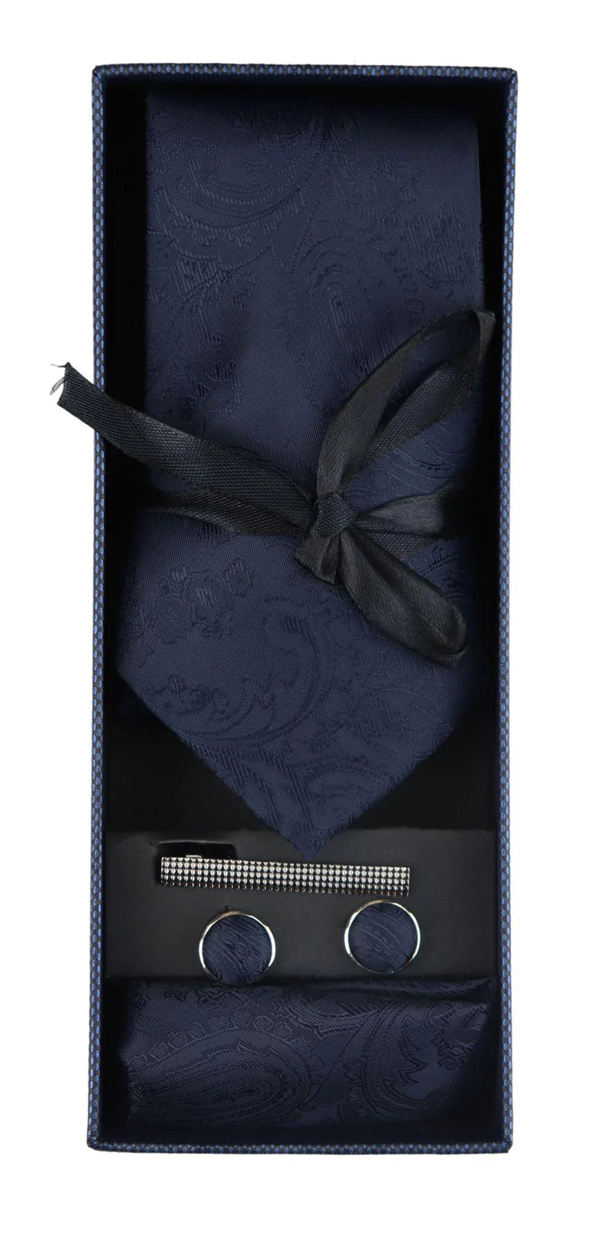 Conjunto de presente com gravata Paisley azul-marinho, lenço de bolso, abotoaduras e gravata floral em cetim.