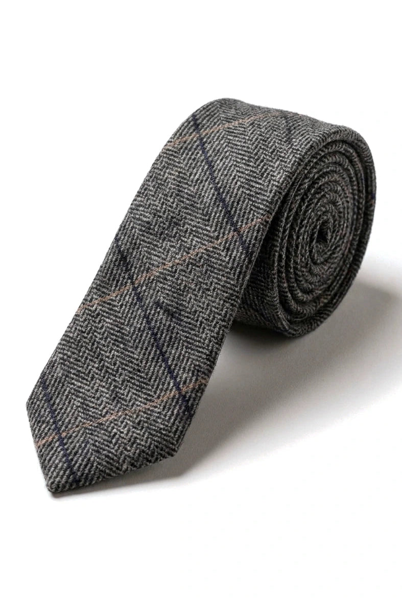 Gravata xadrez em tweed cinza carvão com lenço de bolso e prendedor de gravata - Cinza carvão