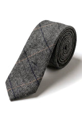 Gravata xadrez em tweed cinza carvão com lenço de bolso e prendedor de gravata - Cinza carvão