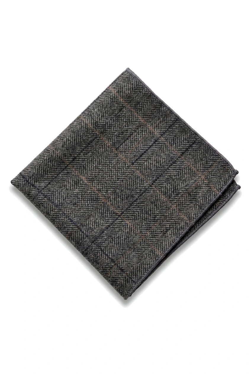 Gravata xadrez em tweed cinza carvão com lenço de bolso e prendedor de gravata - Cinza carvão