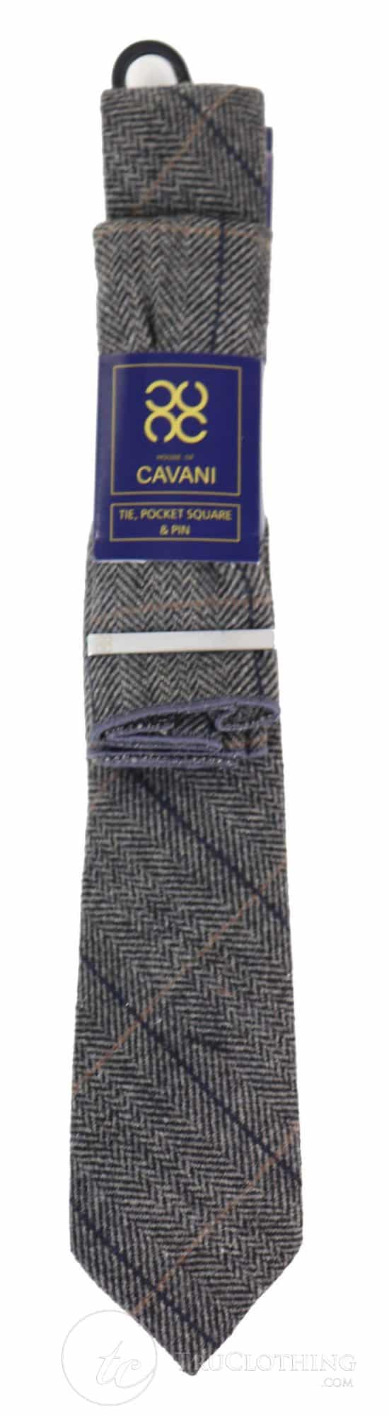 Gravata xadrez em tweed cinza carvão com lenço de bolso e prendedor de gravata - Cinza carvão