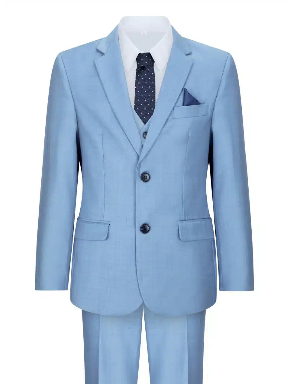 Terno infantil de 3 peças azul celeste claro para casamento, festa ou batizado, elegante e formal.