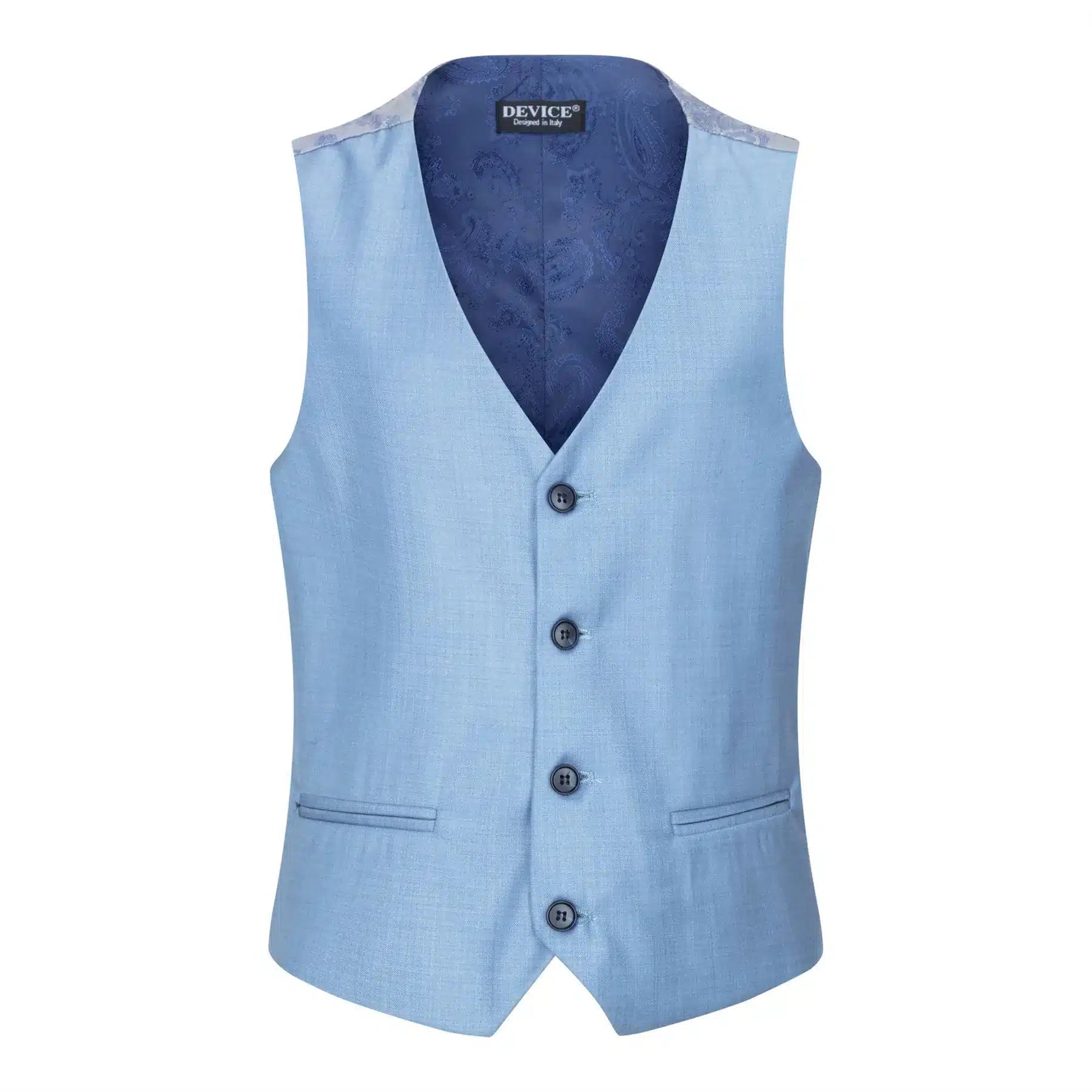 Terno infantil de 3 peças azul celeste claro para casamento, festa ou batizado, elegante e formal.