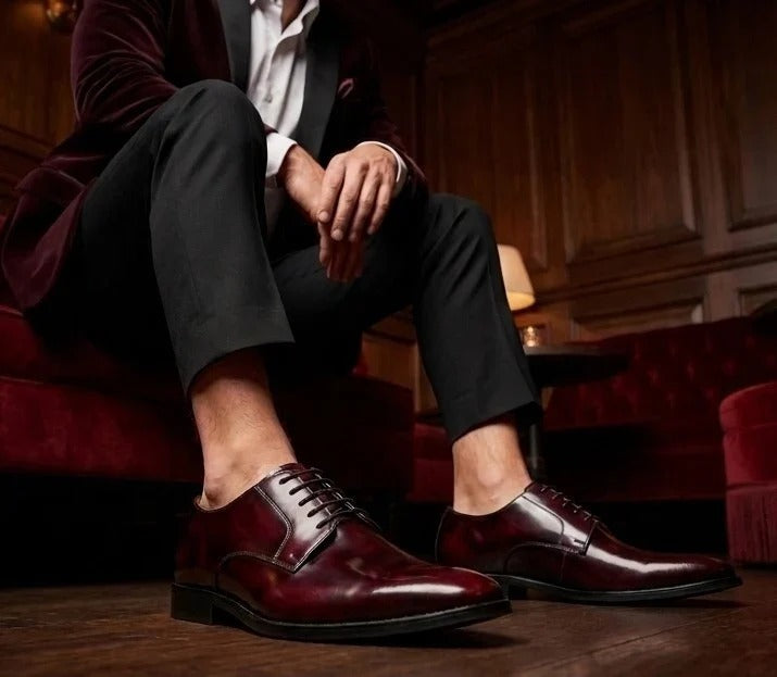 Chester - Sapatos Derby Masculinos Borgonha com Acabamento Brilhante
