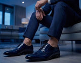 Chester - Sapatos Derby Masculinos Azul Marinho com Acabamento Brilhante
