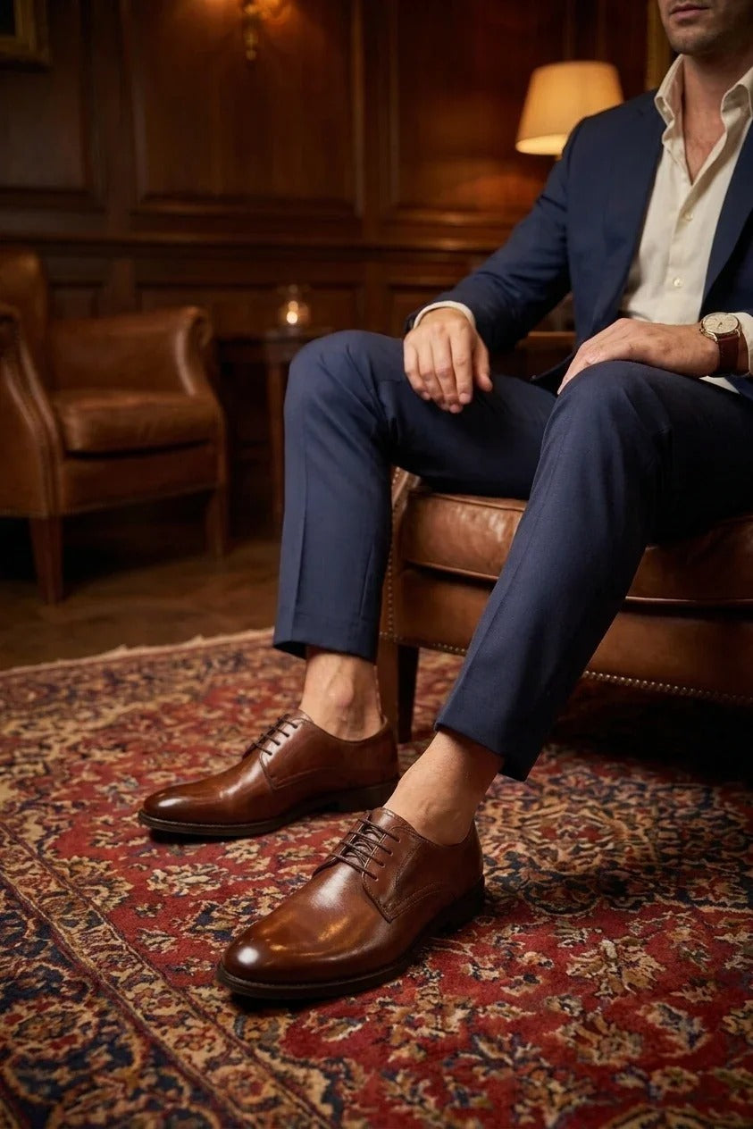 Chester - Sapatos Derby Masculinos em Tons de Bege com Acabamento Brilhante