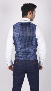 Terno masculino Marc Darcy azul xadrez Príncipe de Gales de 3 peças, corte slim fit, elegante e casual, em Chigwell.