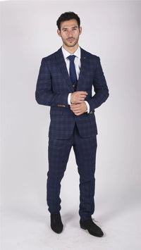 Terno masculino Marc Darcy azul xadrez Príncipe de Gales de 3 peças, corte slim fit, elegante e casual, em Chigwell.