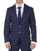 Terno masculino Marc Darcy azul xadrez Príncipe de Gales de 3 peças, corte slim fit, elegante e casual, em Chigwell.