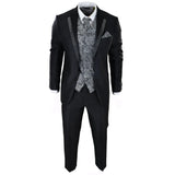 Terno de casamento masculino preto de 3 peças com gravata prateada e colete bordado.