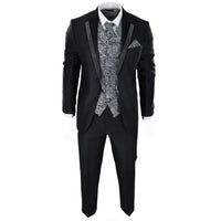 Terno de casamento masculino preto de 3 peças com gravata prateada e colete bordado.