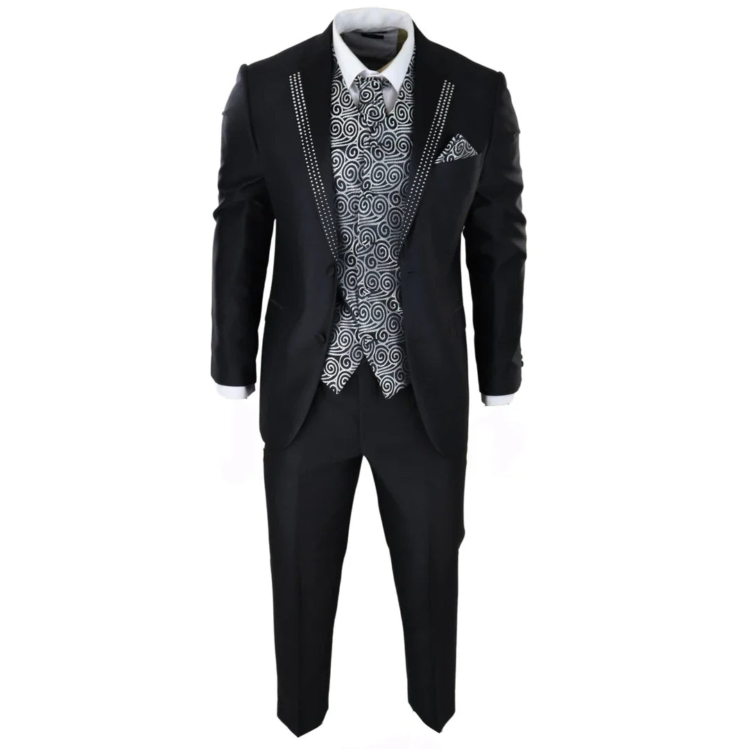 Terno de casamento masculino preto de 3 peças com gravata prateada e colete bordado.