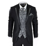 Terno de casamento masculino preto de 3 peças com gravata prateada e colete bordado.