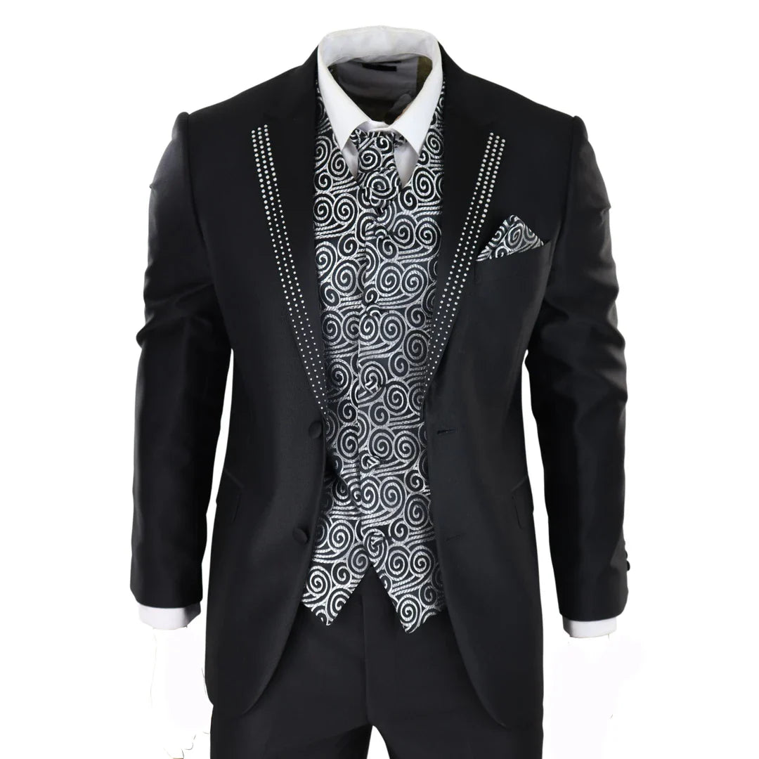 Terno de casamento masculino preto de 3 peças com gravata prateada e colete bordado.