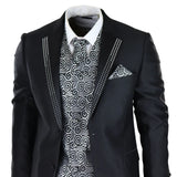Terno de casamento masculino preto de 3 peças com gravata prateada e colete bordado.