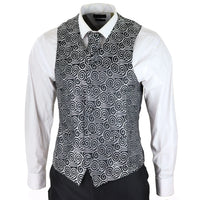 Terno de casamento masculino preto de 3 peças com gravata prateada e colete bordado.