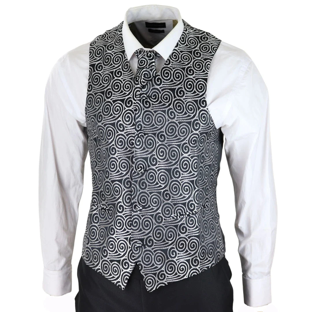 Terno de casamento masculino preto de 3 peças com gravata prateada e colete bordado.