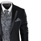 Terno de casamento masculino preto de 3 peças com gravata prateada e colete bordado.