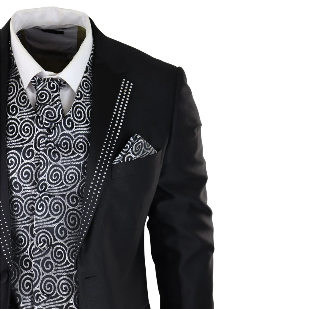 Terno de casamento masculino preto de 3 peças com gravata prateada e colete bordado.