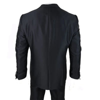 Terno de casamento masculino preto de 3 peças com gravata prateada e colete bordado.