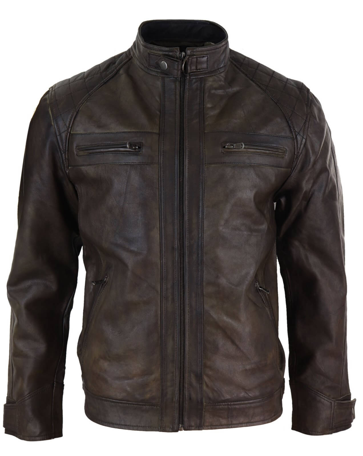 Jaqueta de couro legítimo marrom estilo motociclista masculina - Jaqueta de motociclista marrom