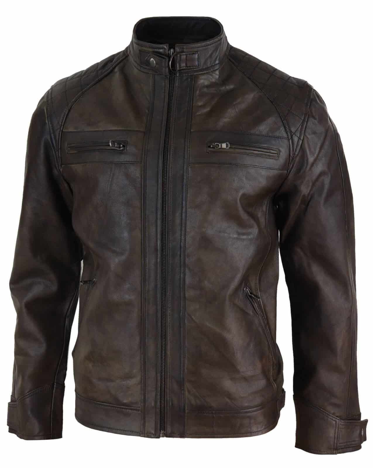 Jaqueta de couro legítimo marrom estilo motociclista masculina - Jaqueta de motociclista marrom