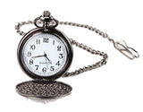 Relógio de bolso preto clássico estilo anos 1920 com corrente.