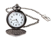 Relógio de bolso preto clássico estilo anos 1920 com corrente.