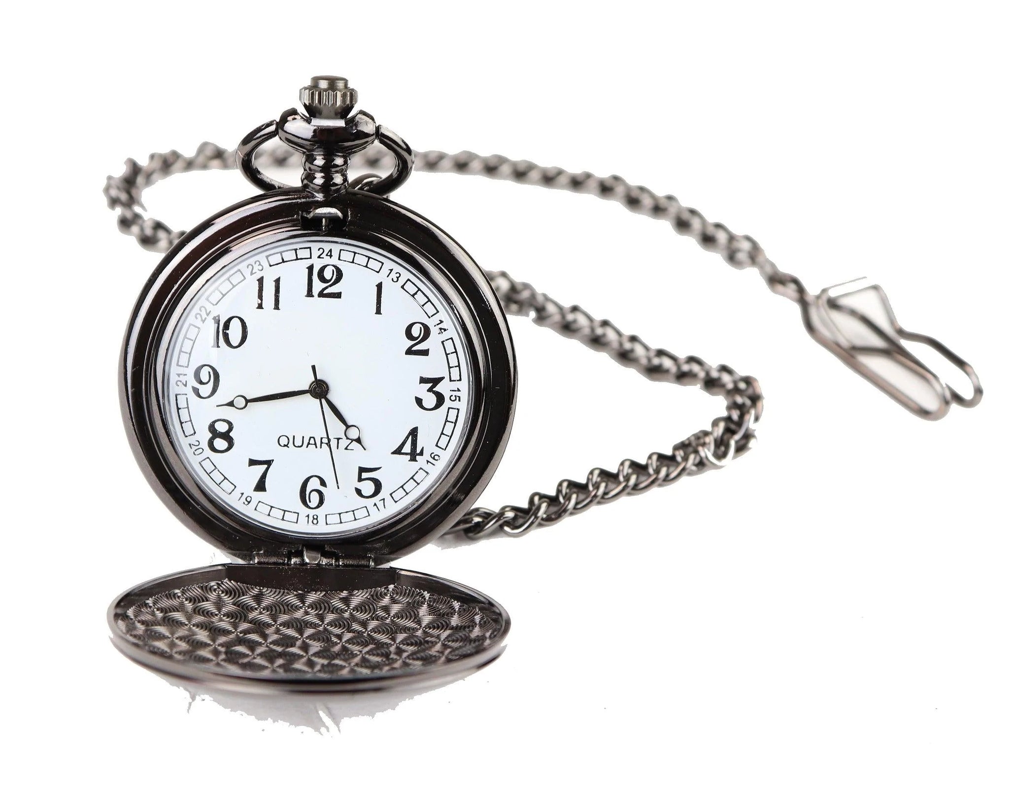 Relógio de bolso preto clássico estilo anos 1920 com corrente.