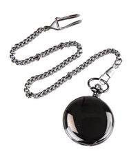 Relógio de bolso preto clássico estilo anos 1920 com corrente.