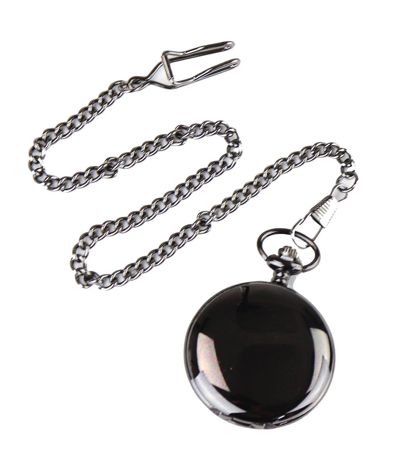 Relógio de bolso preto clássico estilo anos 1920 com corrente.