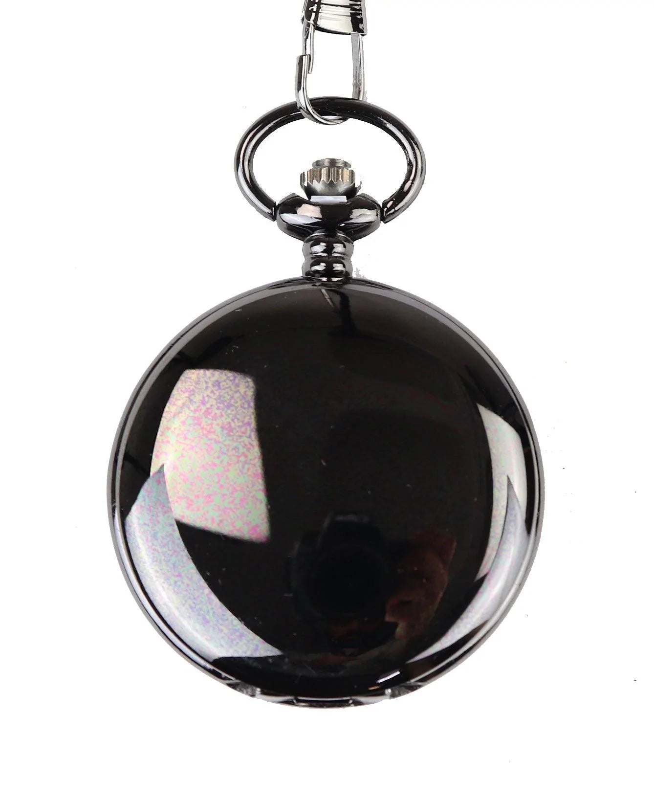 Relógio de bolso preto clássico estilo anos 1920 com corrente.