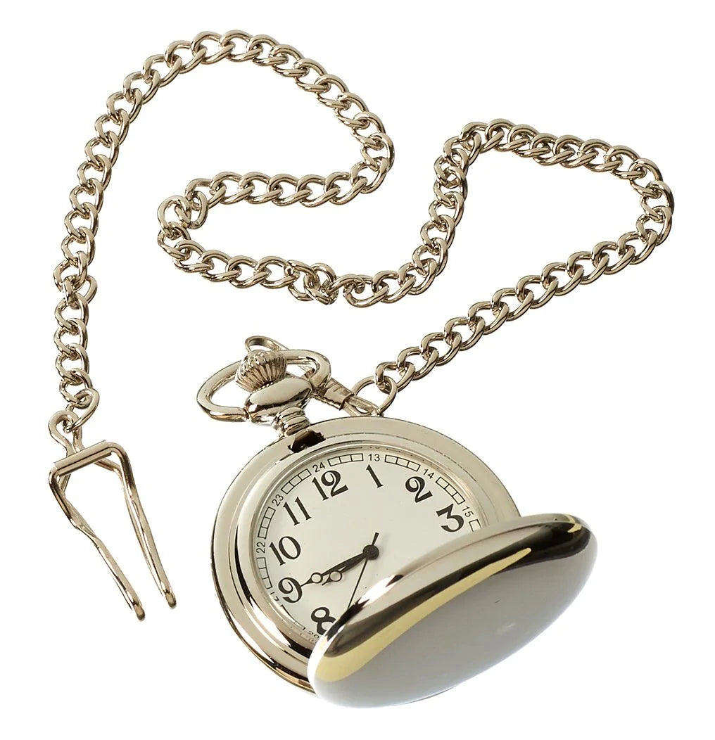 Relógio de bolso clássico estilo anos 1920 em prata com corrente.