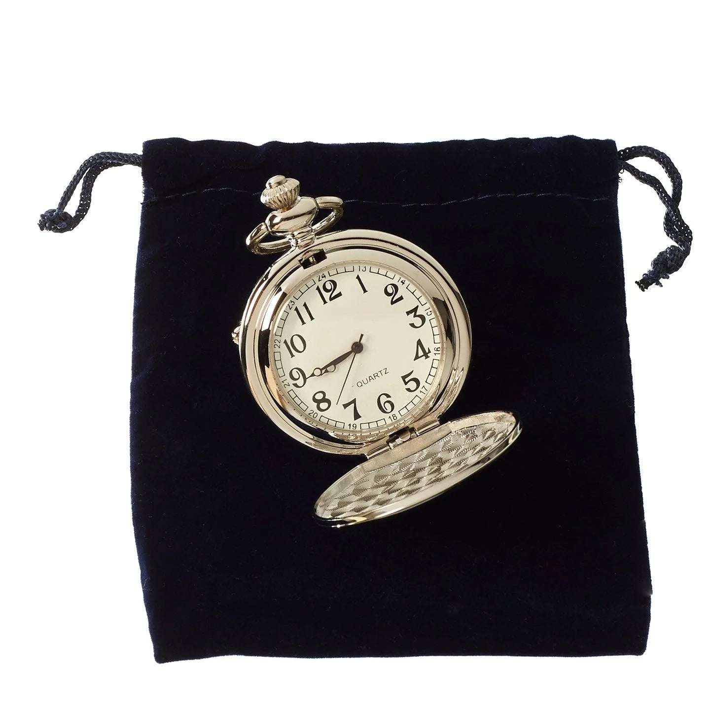 Relógio de bolso clássico estilo anos 1920 em prata com corrente.
