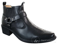 Botas de cano curto masculinas CLASSIQUE MBO 3136 em couro marrom claro e preto, estilo cowboy/western, com fivela.