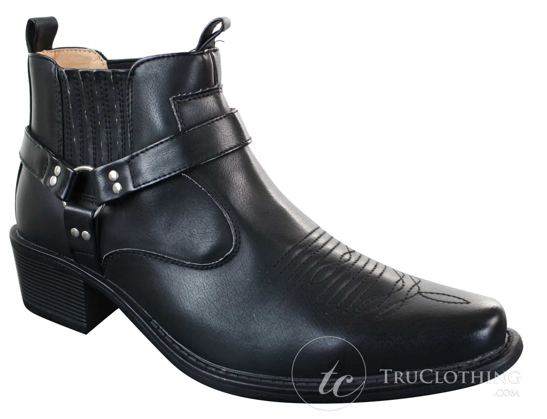 Botas de cano curto masculinas CLASSIQUE MBO 3136 em couro marrom claro e preto, estilo cowboy/western, com fivela.