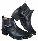 Botas de cano curto masculinas CLASSIQUE MBO 3136 em couro marrom claro e preto, estilo cowboy/western, com fivela.