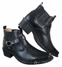 Botas de cano curto masculinas CLASSIQUE MBO 3136 em couro marrom claro e preto, estilo cowboy/western, com fivela.