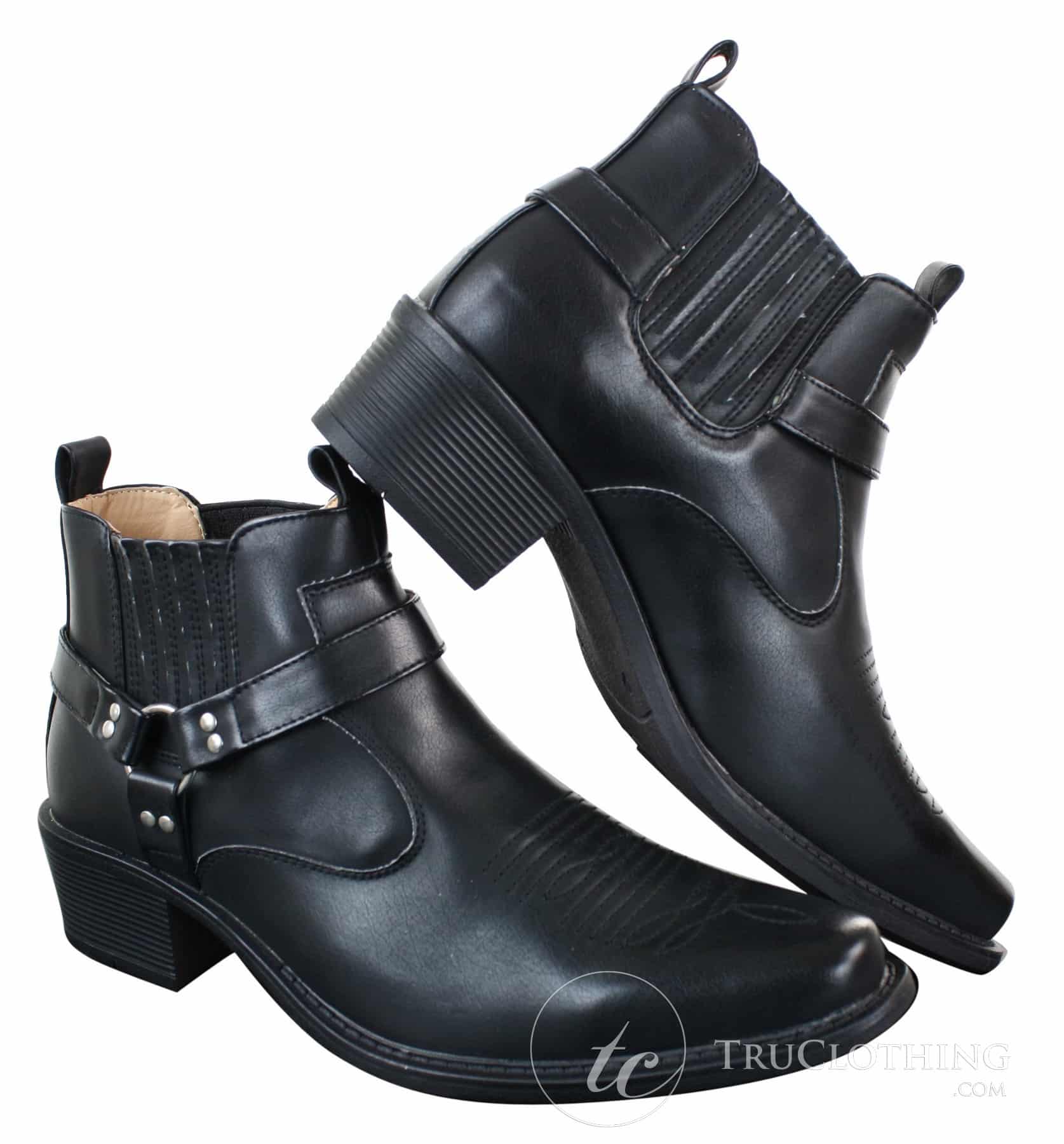 Botas de cano curto masculinas CLASSIQUE MBO 3136 em couro marrom claro e preto, estilo cowboy/western, com fivela.